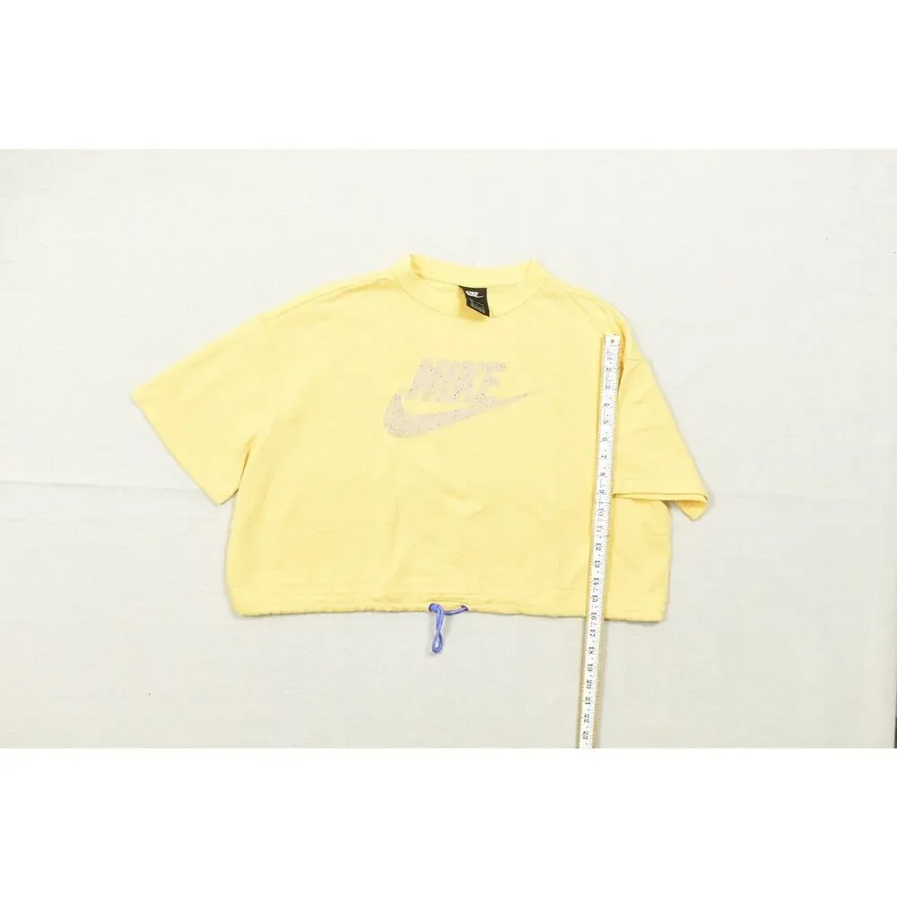 Nike Women's XL Yellow Sportswear Logo Crop Top Short Sleeve Cinch Waist Sweatsh